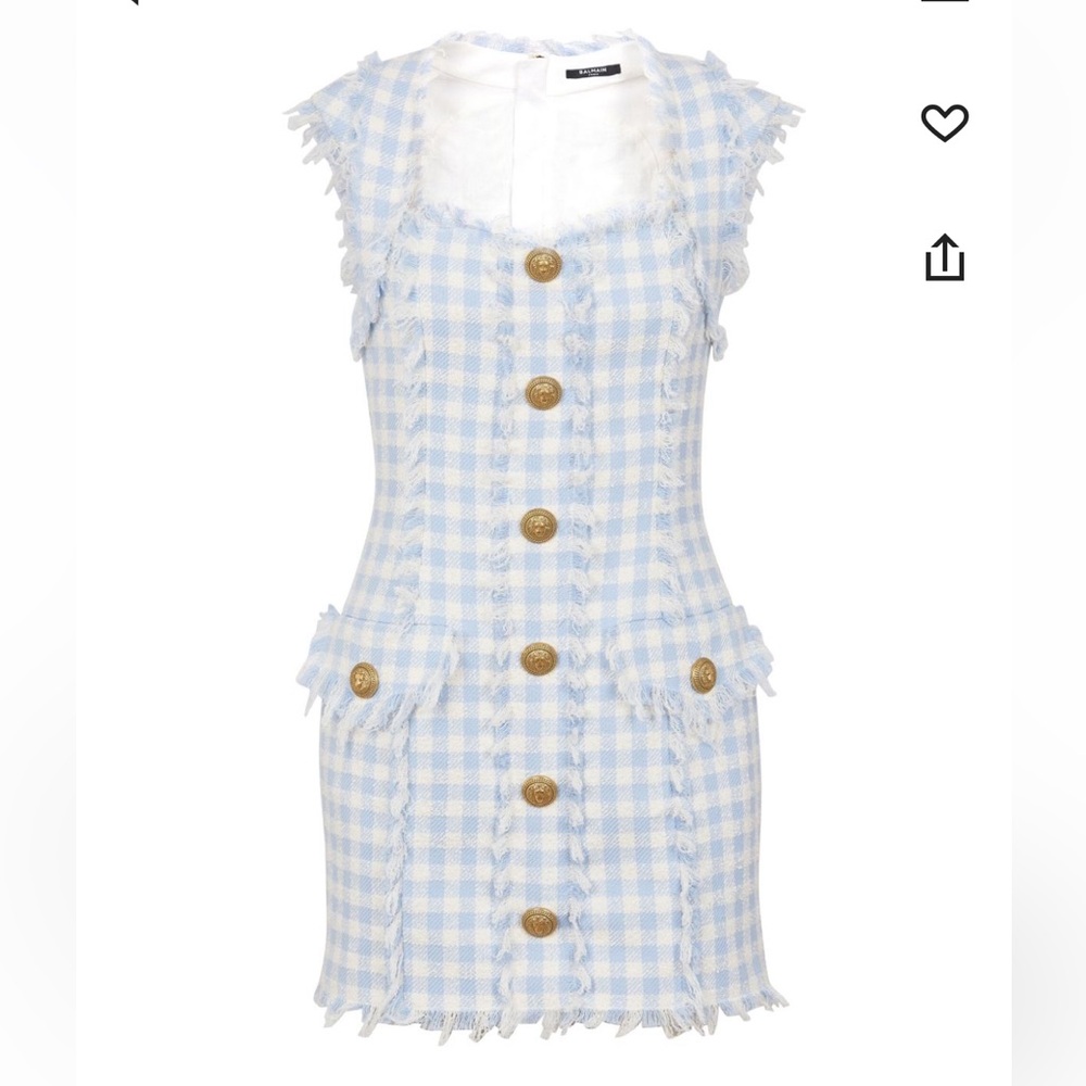 Balmain blue and white Vichy Tweed Gingham Minidress